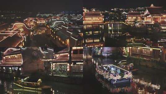 宜宾李庄古镇灯火辉煌的水乡夜色航拍高清在线视频素材下载