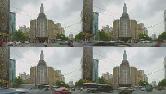 上海百乐门建筑人流车流慢门高清在线视频素材下载