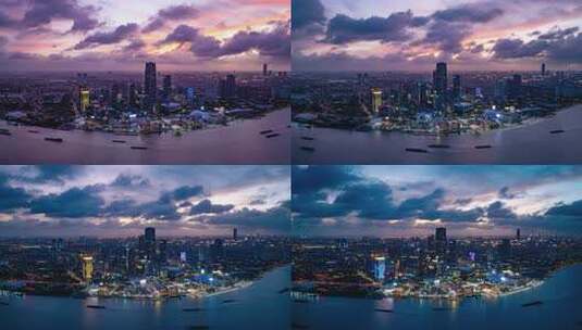 上海徐汇滨江西岸艺术中心CBD日落航拍高清在线视频素材下载