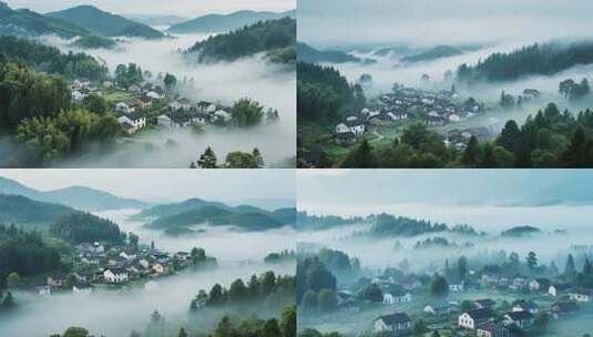山间云雾环绕的村庄风光高清在线视频素材下载