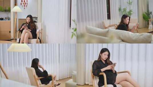 女生居家用手机发微信高清在线视频素材下载