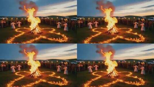草原篝火旁人们持火把起舞高清在线视频素材下载