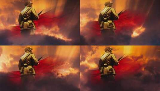 持枪军人背影与红色绸带素材高清在线视频素材下载