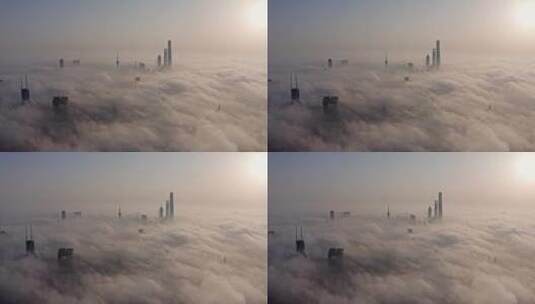 上海陆家嘴日出金光平流雾城市航拍4K高清在线视频素材下载