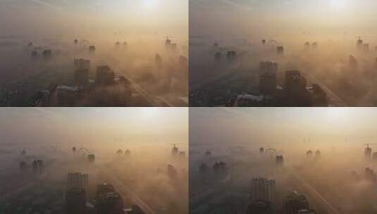 上海锦江乐园日出平流雾航拍高清在线视频素材下载