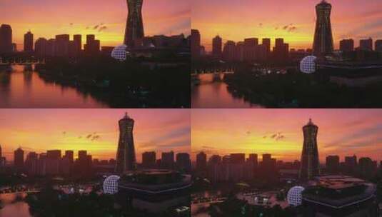 杭州西湖文化广场环球中心绝美晚霞高清在线视频素材下载