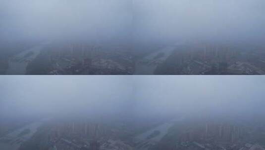 穿越大雾城市河流建筑高楼建筑居民楼工地高清在线视频素材下载