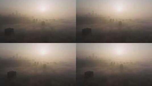 冬季早晨城市平流雾日出航拍高清在线视频素材下载
