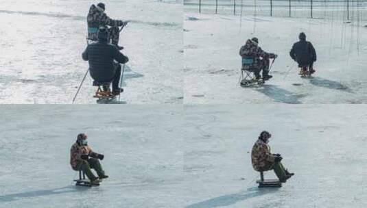 北方东北沈阳冬季劳动公园冰河滑冰车高清在线视频素材下载