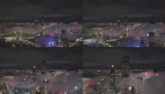 广州市中心珠江新城雨天夜景航拍高清在线视频素材下载