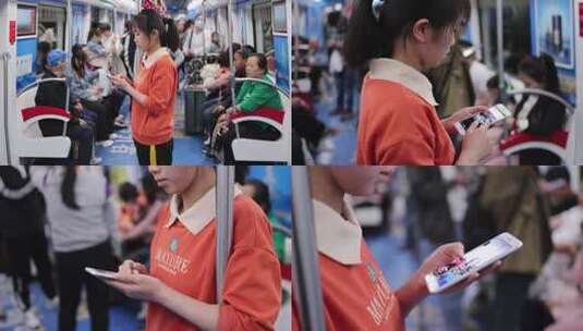 年轻女性地铁玩手机高清在线视频素材下载