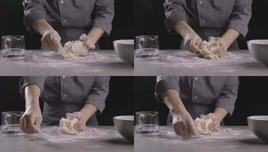 4K厨师用刮板刮面粉特写高清在线视频素材下载
