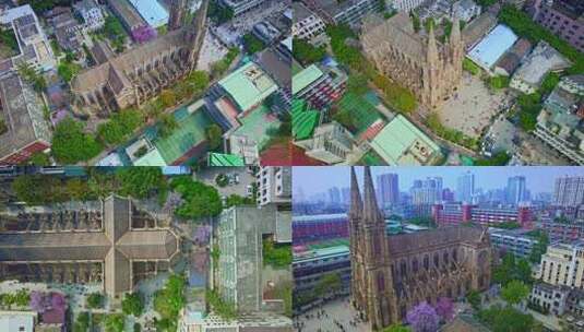 航拍广州石室圣心大教堂（高角度）高清在线视频素材下载