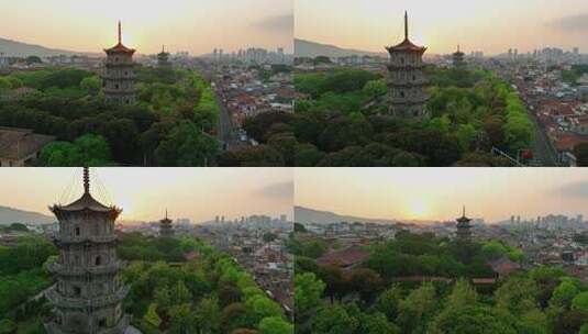 航拍福建泉州西街开元寺东西塔日出风光高清在线视频素材下载