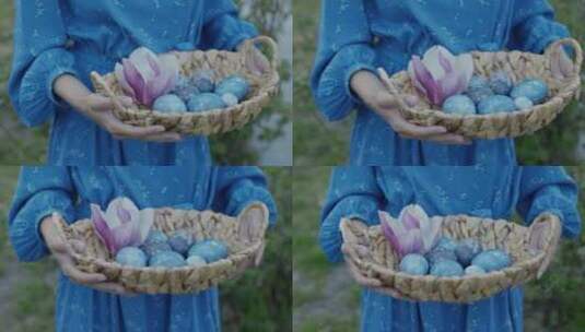 装着复活节彩蛋和花的篮子高清在线视频素材下载