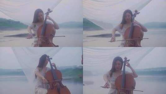 美女拉小提琴丝绸飘舞高清在线视频素材下载
