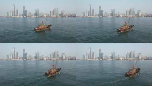 原创 青岛浮山湾海港渔船城市天际线航拍高清在线视频素材下载