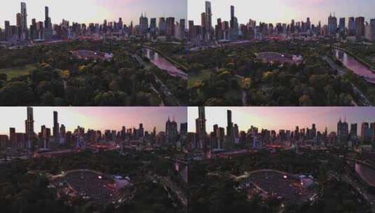航拍澳大利亚墨尔本皇家植物园摩天大楼日落高清在线视频素材下载