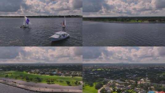 庞恰特雷恩湖上的帆船，空中展示新奥尔良市的天际线高清在线视频素材下载