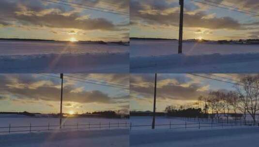 驱车驶过金色日落经过北海道深雪掩埋的农场高清在线视频素材下载