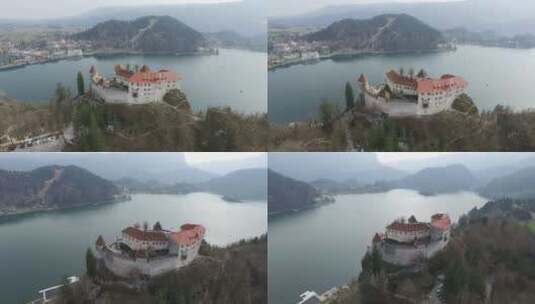 空中镜头布莱德城堡的观点，背景是布莱德湖。斯洛文尼亚高清在线视频素材下载