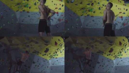 室内攀岩墙青年男子训练运动健身高清在线视频素材下载