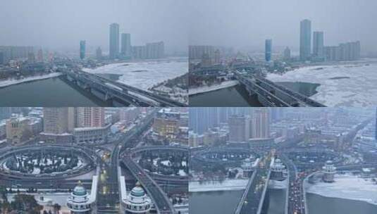 中国黑龙江哈尔滨公路大桥冬季下雪航拍合集高清在线视频素材下载