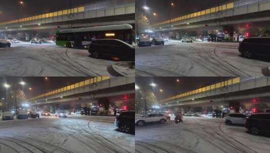 下雪马路上街景行人汽车高清在线视频素材下载