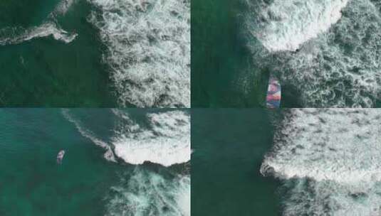 航拍海上冲浪海浪翻滚风筝冲浪户外旅行运动高清在线视频素材下载