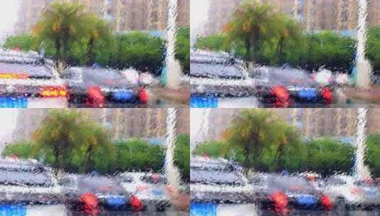 雨中前风挡玻璃雨幕及辅道行车慢镜头高清高清在线视频素材下载