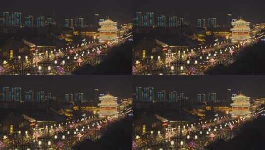 大同钟楼夜景灯火辉煌与现代建筑交相辉映高清在线视频素材下载