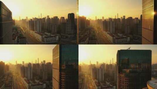日出时分的上海市区街道建筑航拍高清在线视频素材下载