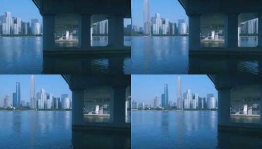 珠江猎德大桥底景观与江岸摩天大楼建筑群高清在线视频素材下载
