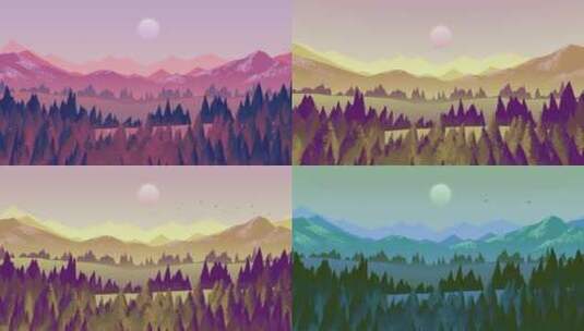 二维山谷森林日出二次元原画卡通背景3色入高清在线视频素材下载