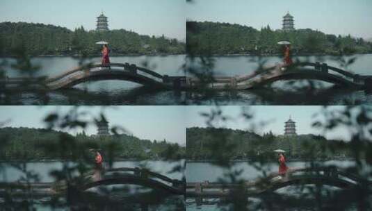 杭州西湖长桥雷峰塔汉服街拍高清在线视频素材下载