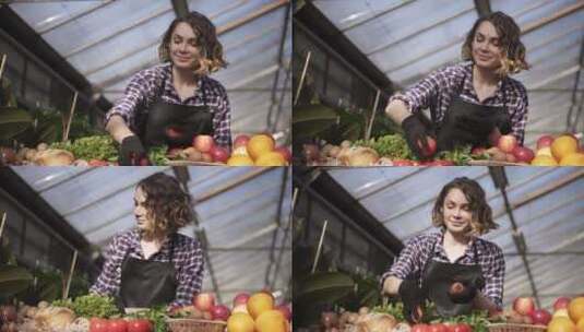 女人在大棚里摆放蔬菜水果高清在线视频素材下载