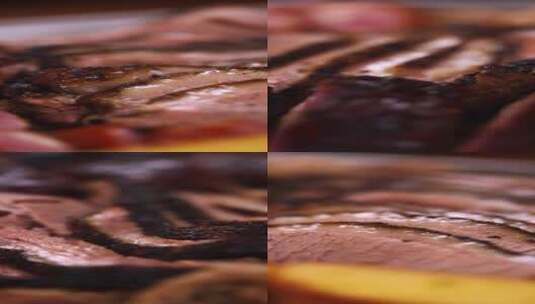 竖屏美食美式烤肉烤肋排烤牛胸旋转特写高清在线视频素材下载