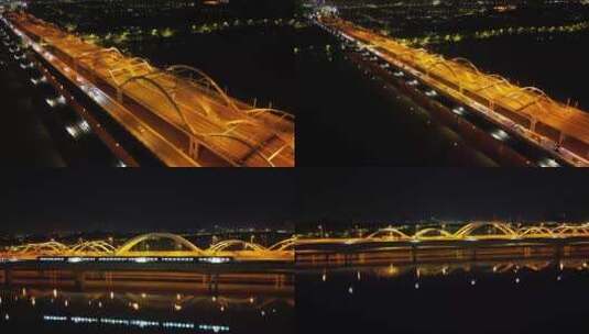 西安浐灞大桥夜景灞河生态区地铁晚上航拍高清在线视频素材下载
