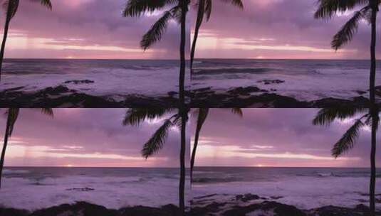 大海日落紫色天空海边海浪拍打礁石高清在线视频素材下载