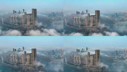 重庆来福士平流雾航拍高清在线视频素材下载