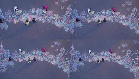 一群孩子在地上用粉笔作画高清在线视频素材下载