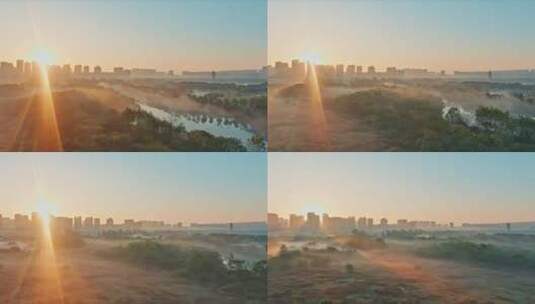 冬日朝阳里的城市湿地生态水系景观高清在线视频素材下载
