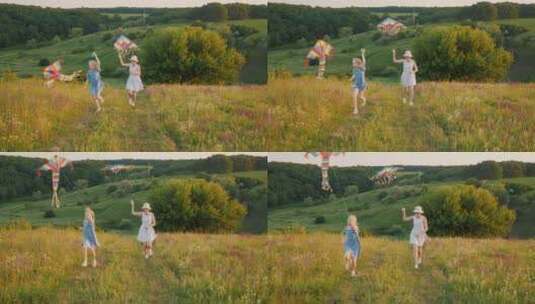 母亲和女孩在大自然中休息玩风筝高清在线视频素材下载