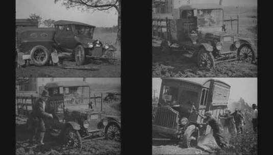 1917年美国汽车经常陷在泥坑里的道路状况高清在线视频素材下载