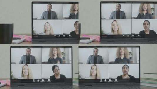 视频通话中四个人的电脑屏幕高清在线视频素材下载
