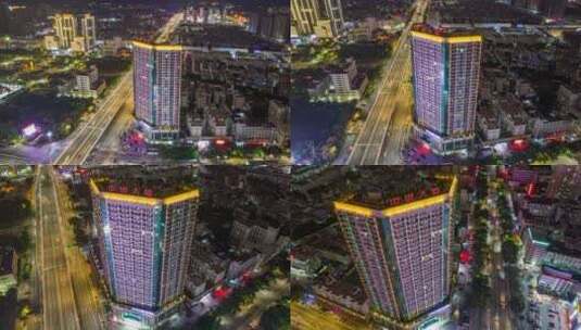 广西贵港中银大厦夜景航拍延时高清在线视频素材下载