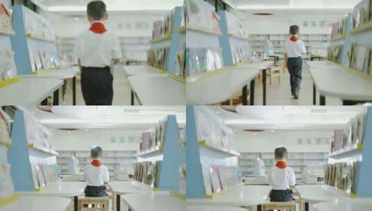 小学生行走背影看书背影一路前行图书馆看书高清在线视频素材下载
