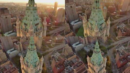 城市航拍纽约曼哈顿翠贝卡阳光照射摩天大楼高清在线视频素材下载