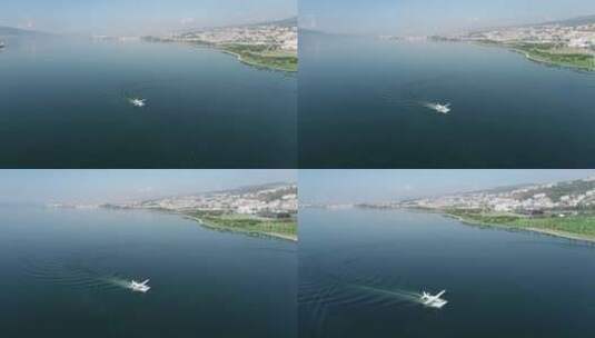 一架水上飞机从海上起飞的无人机图像高清在线视频素材下载