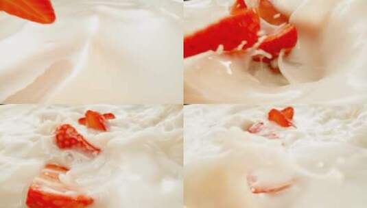 新鲜的草莓掉入牛奶中超慢镜头高清在线视频素材下载